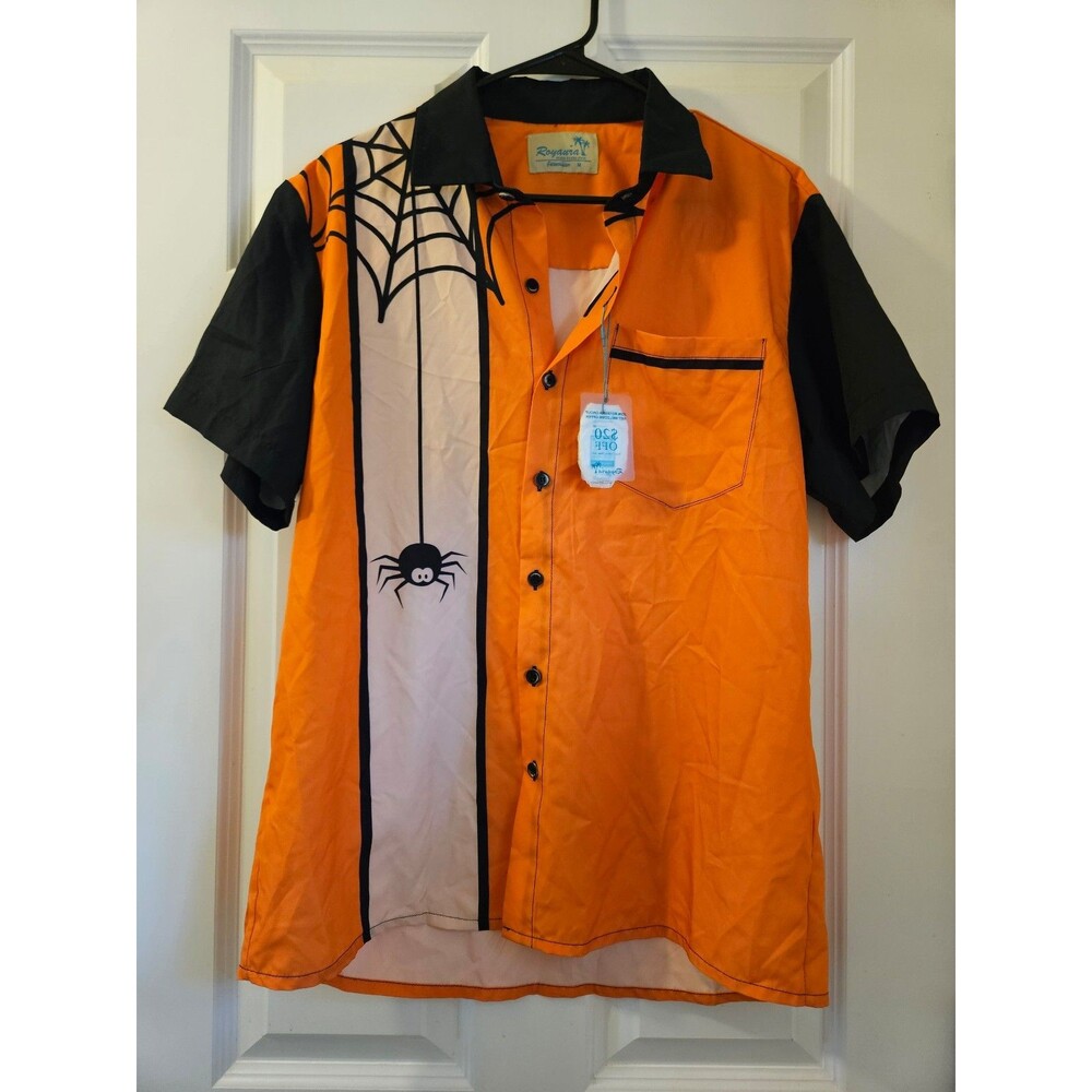 Orange & Black Button Up Mens Medium Collared Shirt Halloween Spider Bowling New